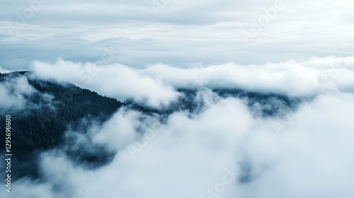 Aerial view of thick cloud cover above mountain range creating a serene natural landscape : Generative AI