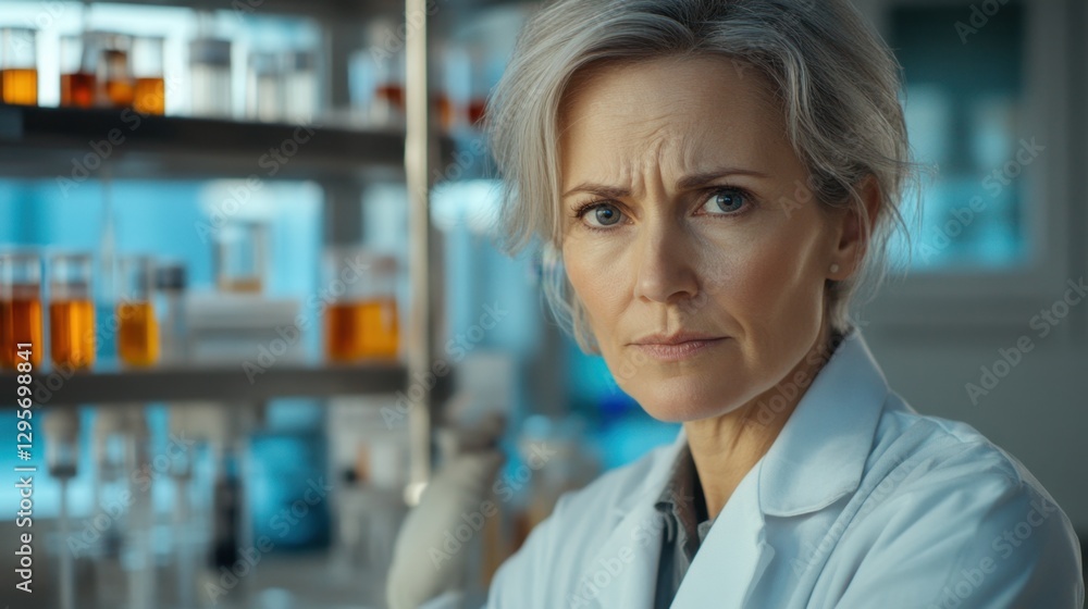 Serious Female Scientist in Lab Coat Examining Lab Samples with Concern, Bright Laboratory with Scientific Equipment and Glassware in Background Serious Female Scientist in Lab Coat Examining Lab Samples with Concern, Bright Laboratory with Scientific Equipment and Glassware in Background