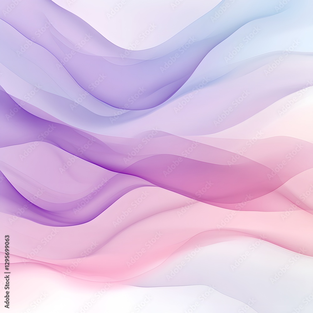 Fototapeta premium Soft, flowing waves of pastel purple, pink, and white create a serene and elegant abstract background, suggesting fluidity and gentle motion.