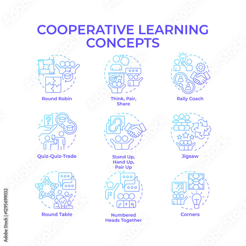 Cooperative learning blue gradient concept icons. Teamwork, communication. Studying, education. Icon pack. Vector images. Round shape illustrations for infographic, presentation. Abstract idea