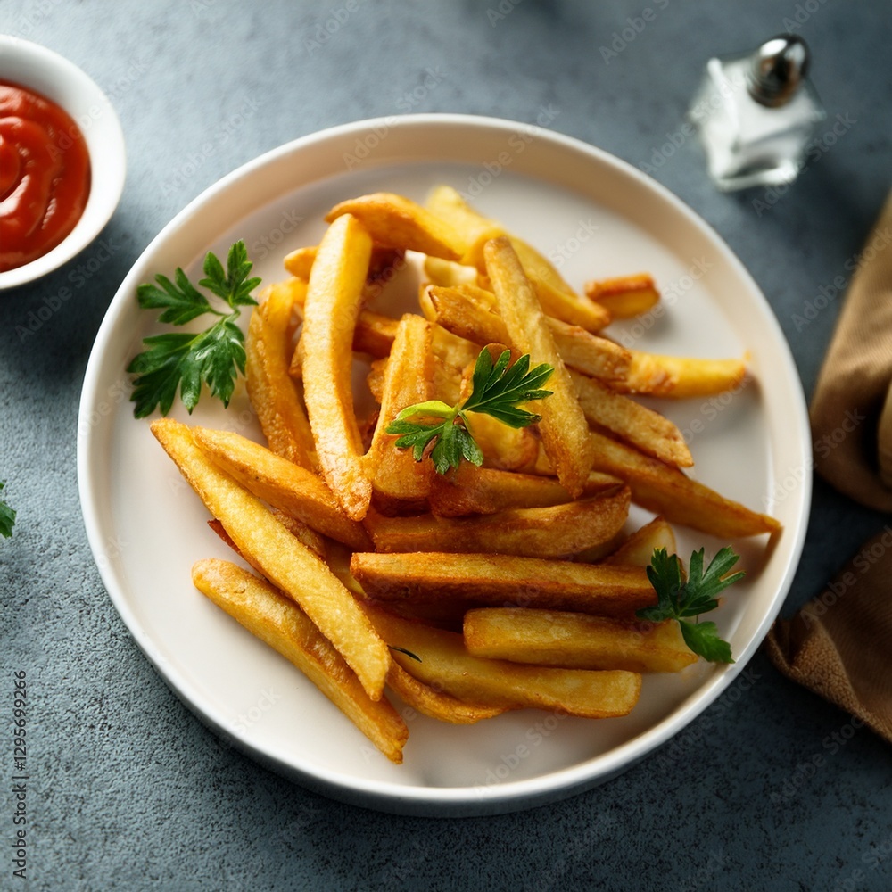 Crispy golden fries are neatly arranged on a white plate, accompanied by a small bowl of ketchup and a sprinkle of parsley on a gray tabletop. Crispy golden fries are neatly arranged on a white plate, accompanied by a small bowl of ketchup and a sprinkle of parsley on a gray tabletop.