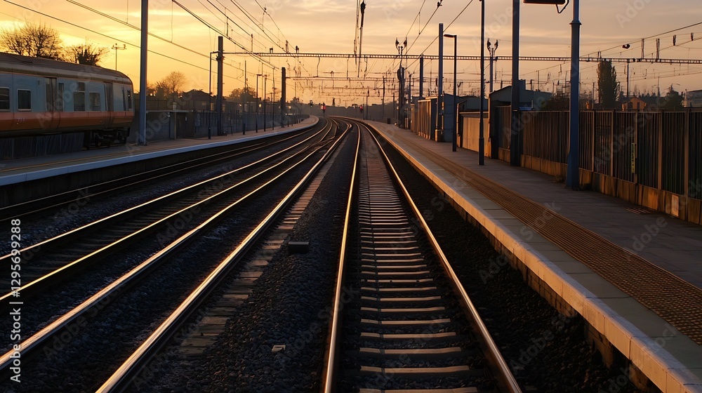 Serene Sunset View of Train Tracks Curving into the Horizon at Golden Hour : Generative AI Serene Sunset View of Train Tracks Curving into the Horizon at Golden Hour : Generative AI