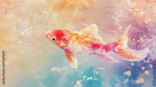 Swimming Goldfish Watercolor Illustration with Dreamy Background and Soft Colors