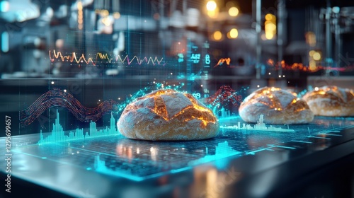 This image showcases a futuristic bakery scene featuring fresh bread with digital data overlays. It blends traditional baking with advanced technology, creating an innovative culinary experience.