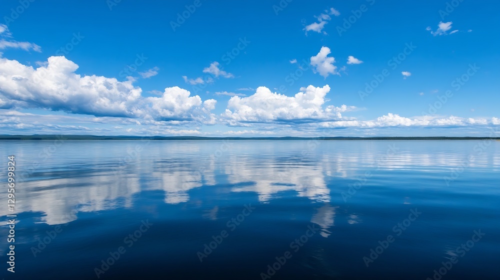 Clear Blue Lake with Reflections and Fluffy Clouds in the Sky : Generative AI Clear Blue Lake with Reflections and Fluffy Clouds in the Sky : Generative AI