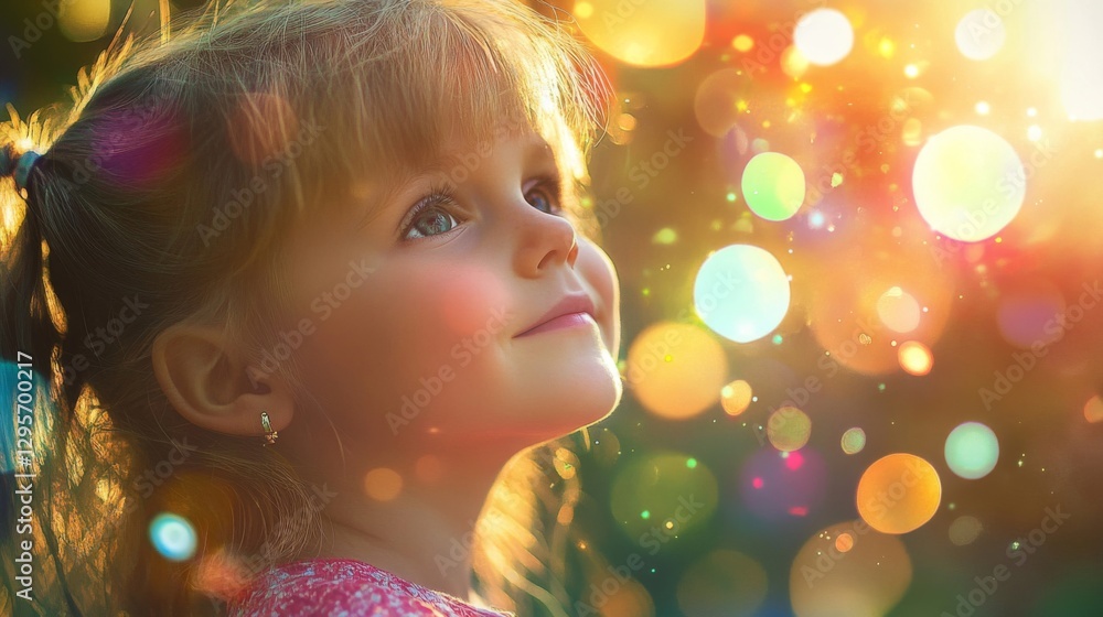 Portrait of a Happy Little Girl Surrounded by Bright Colorful Bokeh Lights Portrait of a Happy Little Girl Surrounded by Bright Colorful Bokeh Lights