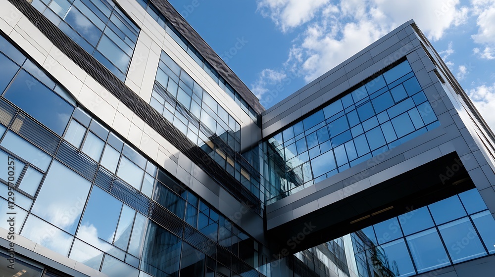Obraz premium Modern architectural design featuring large glass windows under a beautiful blue sky : Generative AI
