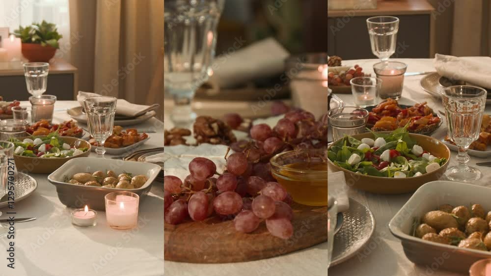 Split Screen of festive dining table with salad, roasted potatoes, grapes, honey, and candlelight Split Screen of festive dining table with salad, roasted potatoes, grapes, honey, and candlelight