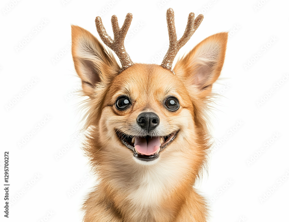 Obraz premium Cute, smiling dog wearing deer antlers for Christmas.