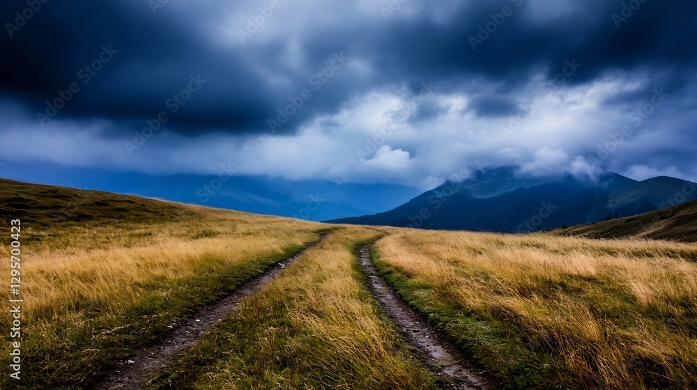 Dirt Pathway Through Mountainside Grass Field under Cloudy Sky : Generative AI Dirt Pathway Through Mountainside Grass Field under Cloudy Sky : Generative AI