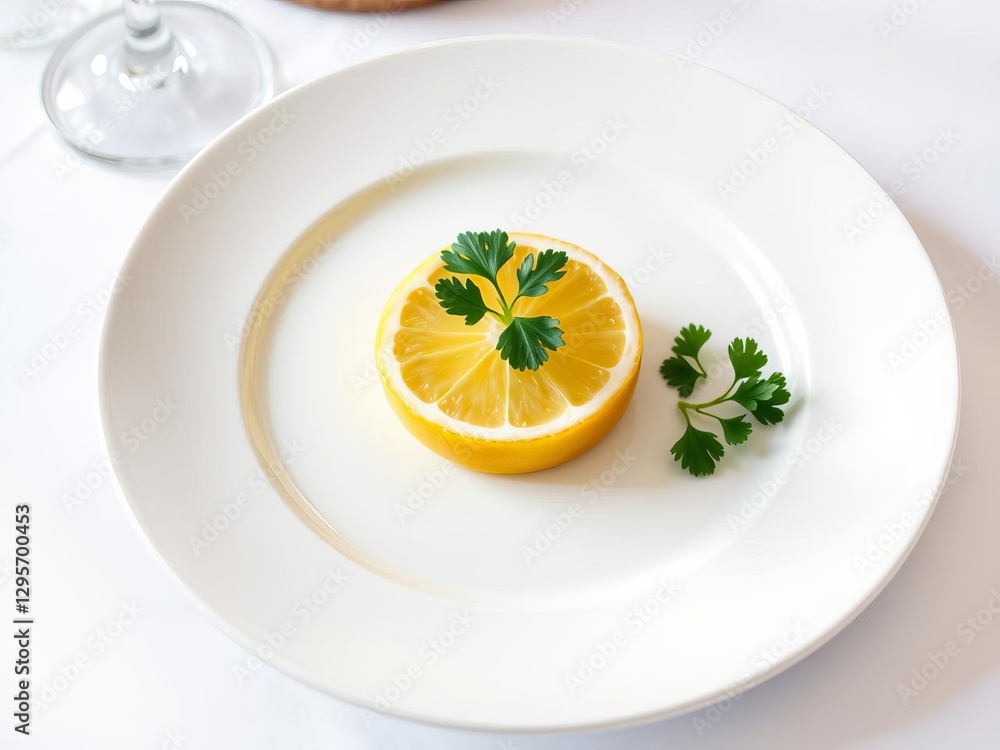 Simple illustration of a plate with lemon wedge and parsley representing elegant dining, dining, minimal garnish Simple illustration of a plate with lemon wedge and parsley representing elegant dining, dining, minimal garnish