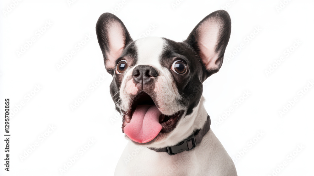 Fototapeta premium A black and white dog with a pink tongue sticking out