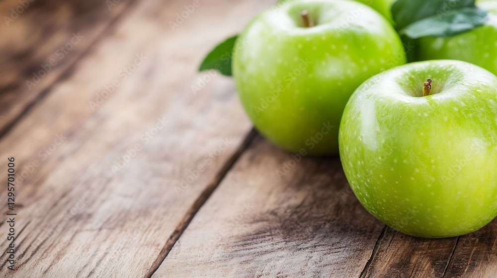 Three Crisp Green Apples on a Rustic Wooden Table Background : Generative AI Three Crisp Green Apples on a Rustic Wooden Table Background : Generative AI