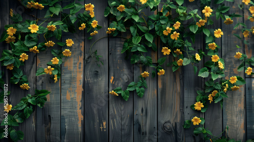High-Resolution Wooden Wall with Vibrant Cat’s Claw Vine – Ultra-HD Rustic Floral Texture