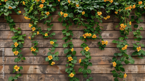 High-Resolution Wooden Wall with Vibrant Cat’s Claw Vine – Ultra-HD Rustic Floral Texture