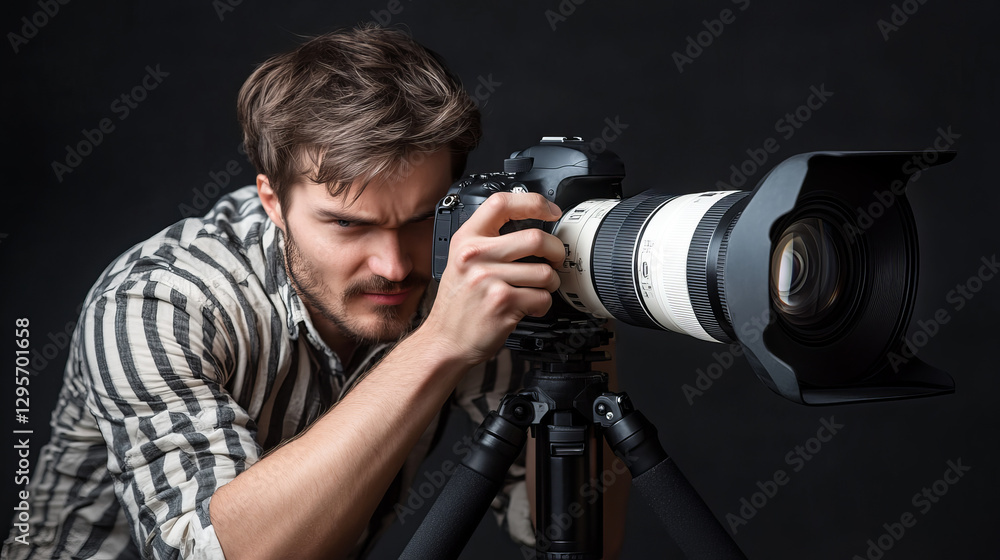 Passionate Photographer Captures Stunning Image with Professional Camera on Tripod in Dark Studio Environment Passionate Photographer Captures Stunning Image with Professional Camera on Tripod in Dark Studio Environment