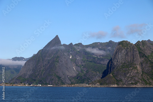 View of the Mount Reinebring on the coast of Reine, Lofoten, Norway photo