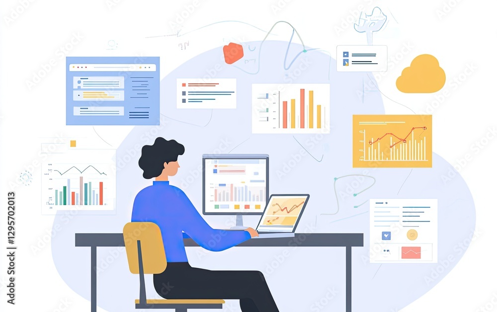 Businessperson analyzing data on multiple screens in modern office setting Businessperson analyzing data on multiple screens in modern office setting