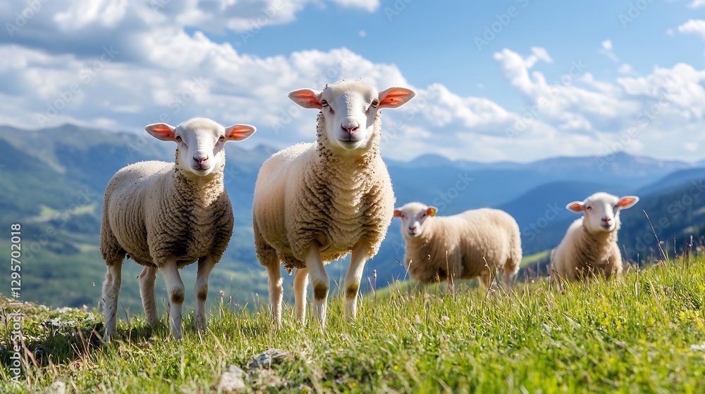 Naklejka premium Group of sheep grazing on a lush green hillside during sunny weather : Generative AI