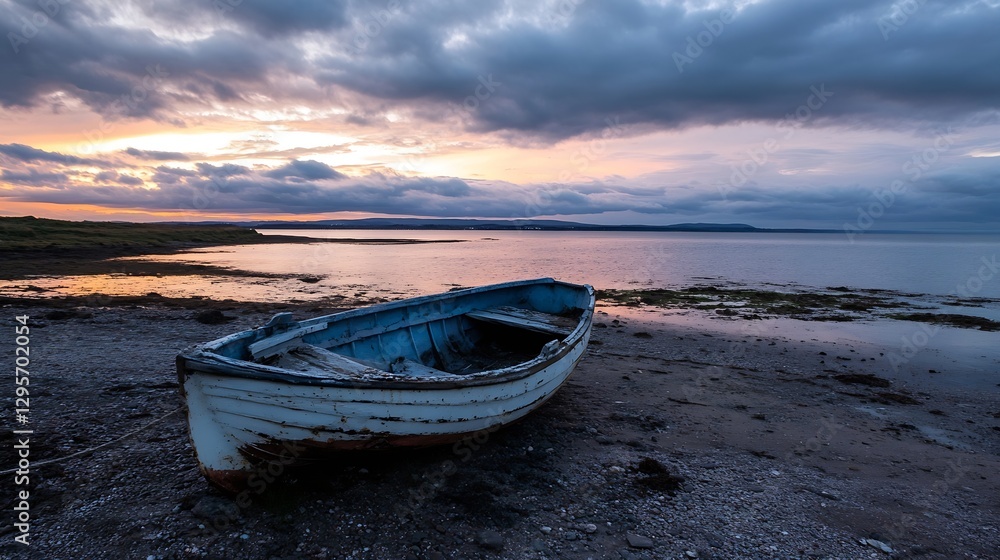 Abandoned boat resting on a sandy beach during sunset with a colorful sky in the background : Generative AI Abandoned boat resting on a sandy beach during sunset with a colorful sky in the background : Generative AI
