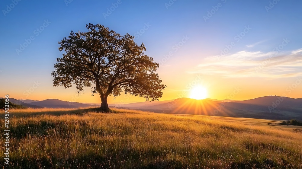 Majestic tree on a sunset horizon in a serene countryside landscape : Generative AI Majestic tree on a sunset horizon in a serene countryside landscape : Generative AI