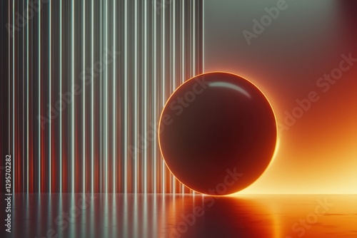 A sleek, glowing sphere rests against a backdrop of vertical lines, creating a striking contrast of light and shadow in a modern, minimalistic setting.
