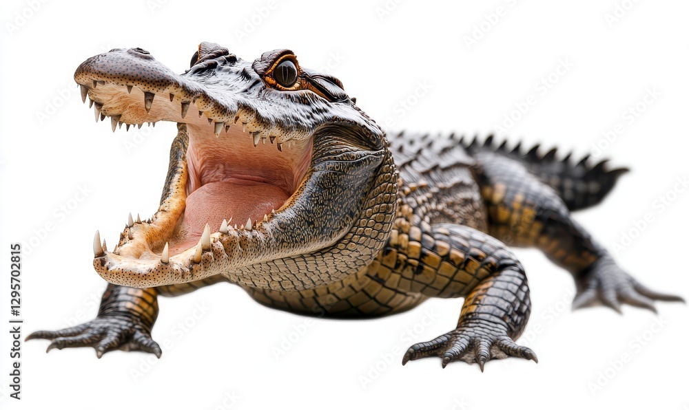 Obraz premium Realistic Alligator with Open Mouth Showcasing Powerful Teeth and Detailed Scales on a White Background for Wildlife and Nature Imagery