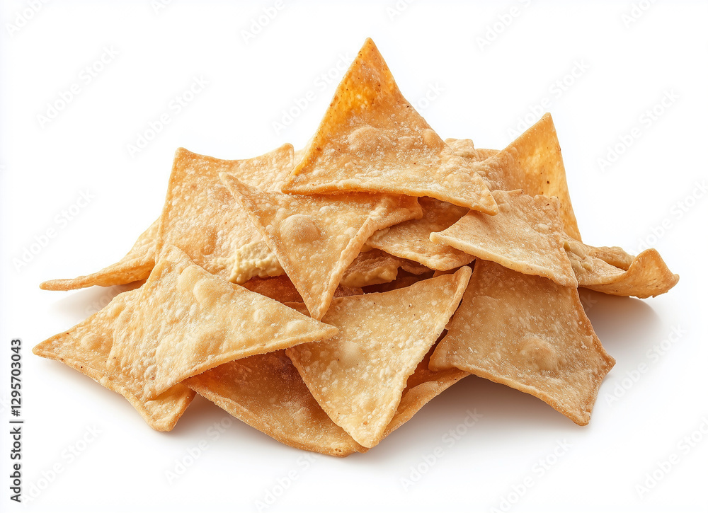 A Delicious Pile of Crispy Triangular Tortilla Chips Ready to Eat on White Background A Delicious Pile of Crispy Triangular Tortilla Chips Ready to Eat on White Background