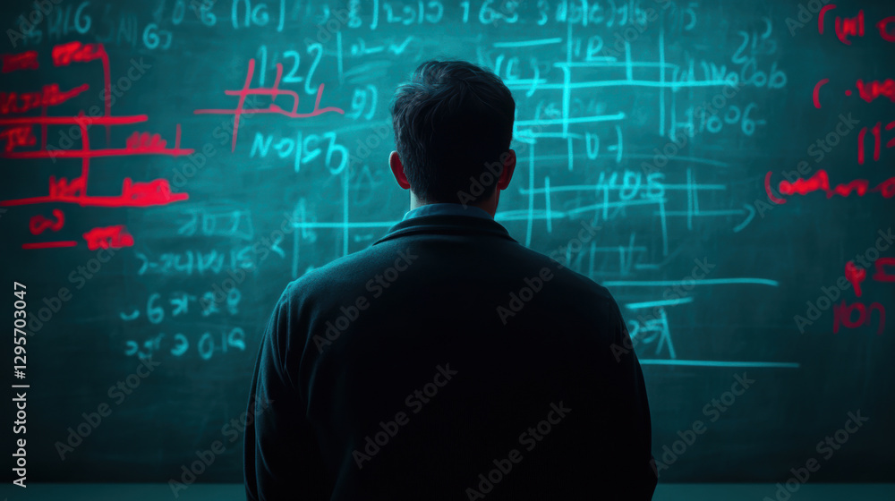 A man is standing in front of a chalkboard with equations on it A man is standing in front of a chalkboard with equations on it