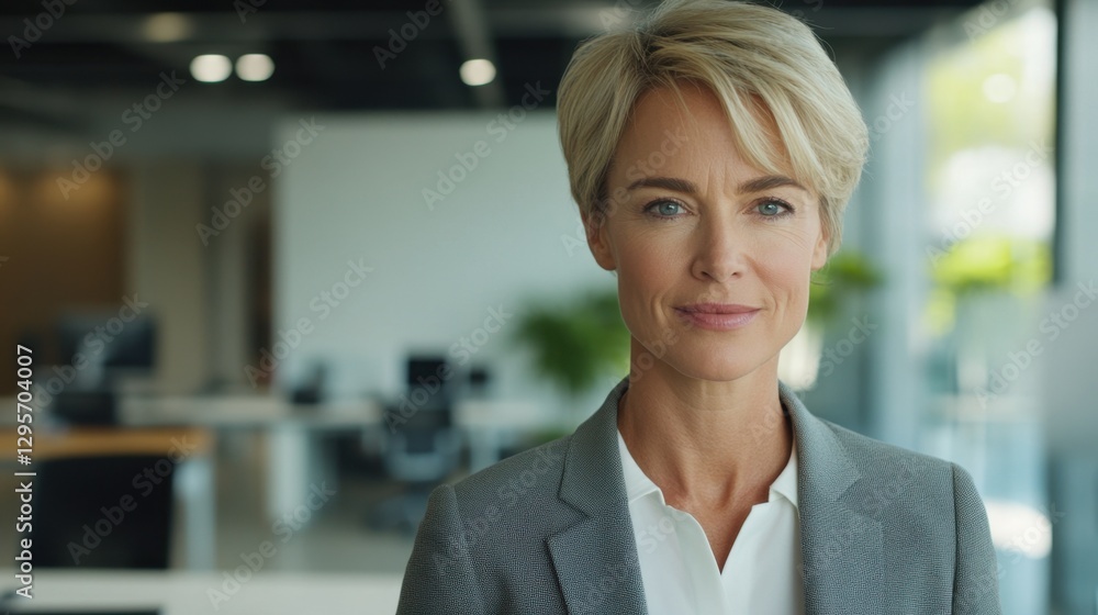 Confident businesswoman standing in modern office setting, with short blonde hair and professional attire, conveying leadership and empowerment in the workplace Confident businesswoman standing in modern office setting, with short blonde hair and professional attire, conveying leadership and empowerment in the workplace
