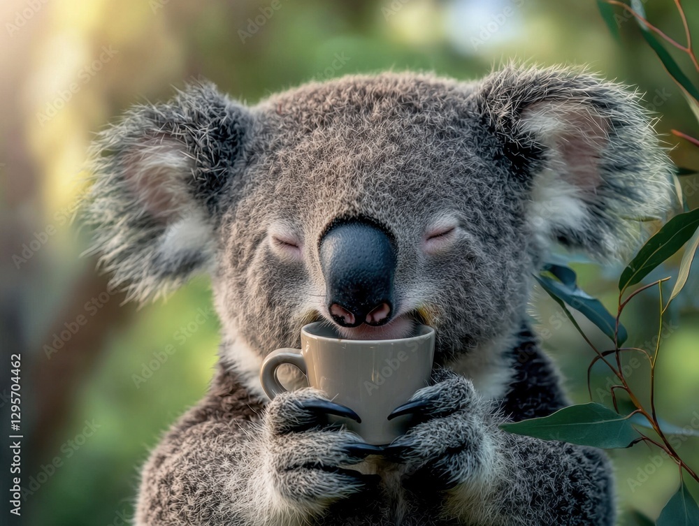 Obraz premium Charming koala enjoying a hot beverage in a cozy natural setting