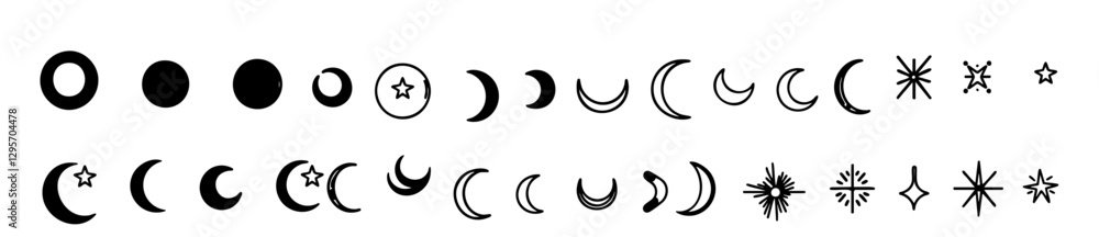 Obraz premium A high-resolution vector icon sheet featuring crescent moon and star designs in a simple line art style