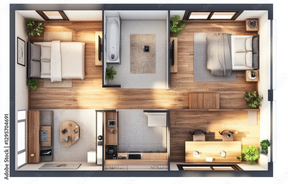 Top-down view of a modern split-level home floor plan with bedrooms, bathroom, living, and kitchen areas Top-down view of a modern split-level home floor plan with bedrooms, bathroom, living, and kitchen areas
