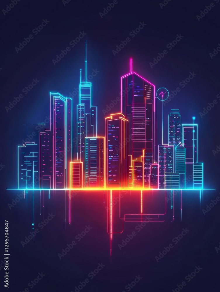 Glowing Cityscape Silhouette: A stunning artistic representation of a modern cityscape at night, rendered in vibrant neon lines, creating a futuristic and dynamic visual. Glowing Cityscape Silhouette: A stunning artistic representation of a modern cityscape at night, rendered in vibrant neon lines, creating a futuristic and dynamic visual.