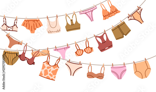 Underwear hanging on clothesline. Women lingerie, bra and panties drying on clothespins. Fresh clean laundry, underclothes on rope, string. Flat vector illustration isolated on white background