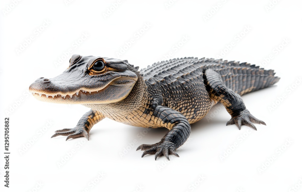 Realistic close-up of a sitting crocodile on a plain white background showcasing intricate texture and detail of its skin and features Realistic close-up of a sitting crocodile on a plain white background showcasing intricate texture and detail of its skin and features