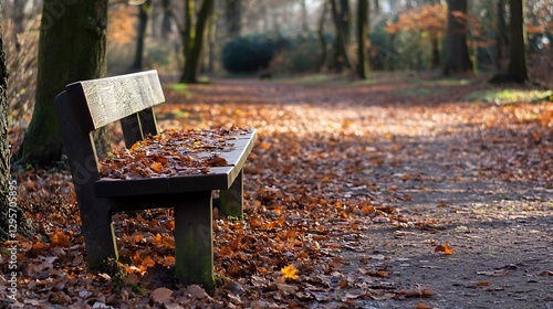 Scenic park bench surrounded by fallen autumn leaves in a tranquil nature setting : Generative AI photo