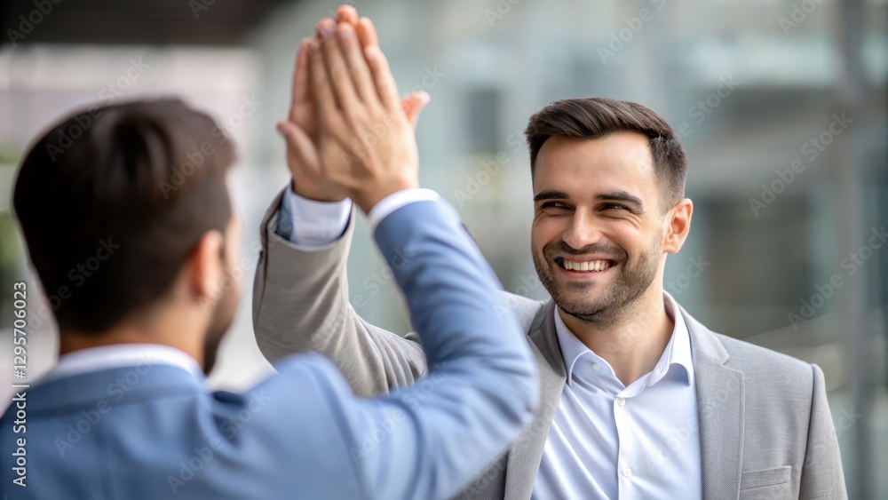 Leadership skills teamwork delegation concept. Two smiling men in suits share a high-five, showcasing camaraderie and teamwork against a blurred urban background. Leadership skills teamwork delegation concept. Two smiling men in suits share a high-five, showcasing camaraderie and teamwork against a blurred urban background.