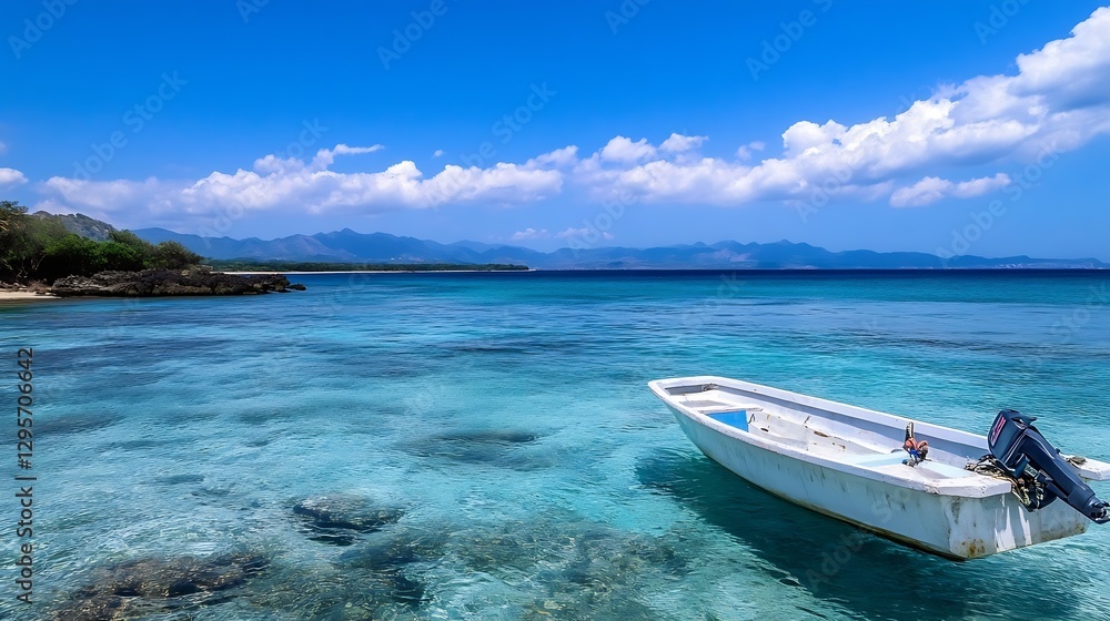 Picturesque white boat resting on crystal clear turquoise waters with mountains in the background : Generative AI Picturesque white boat resting on crystal clear turquoise waters with mountains in the background : Generative AI