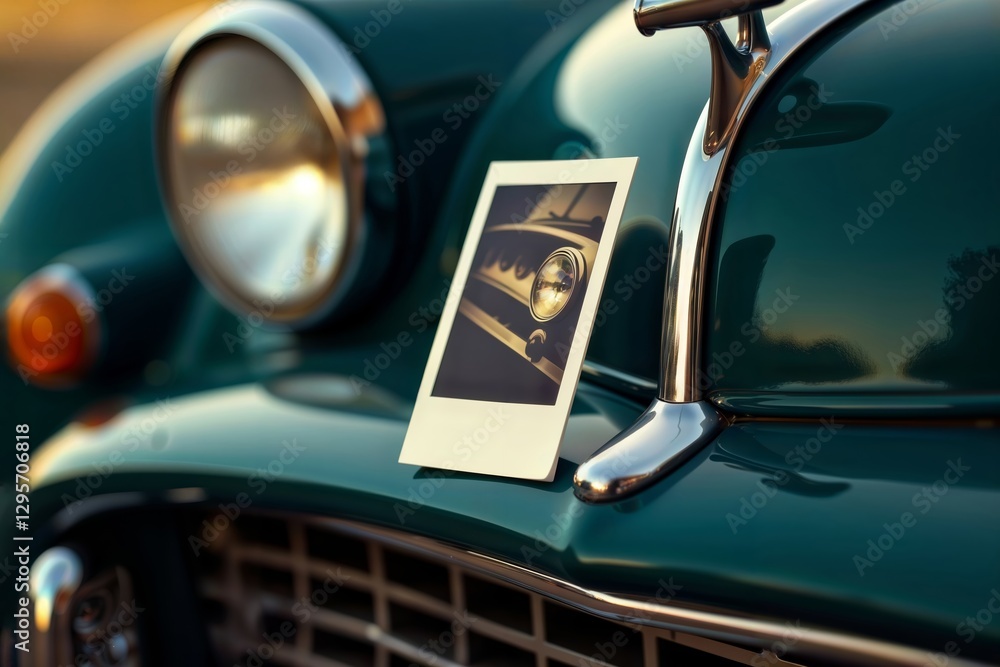 Classic Car Photography. Vintage instant photograph leaning against chrome trim of restored classic car in teal color showcasing headlight detail.