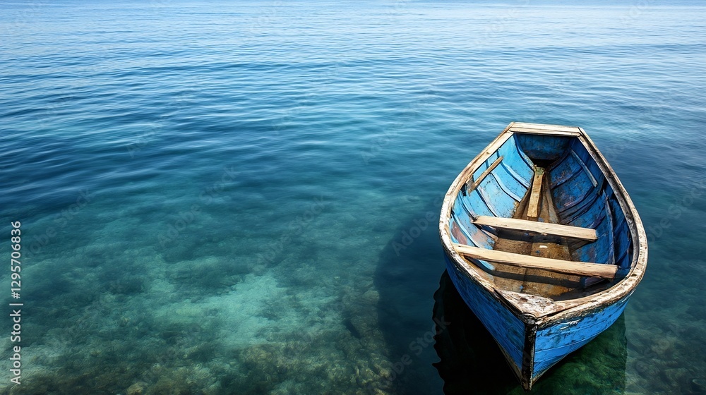 Old Blue Row Boat Anchored in Calm Crystal Clear Water for Inviting Summer Adventures : Generative AI Old Blue Row Boat Anchored in Calm Crystal Clear Water for Inviting Summer Adventures : Generative AI