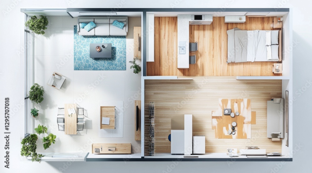 Top-Down View of Modern Apartment Floorplan with Balcony Top-Down View of Modern Apartment Floorplan with Balcony