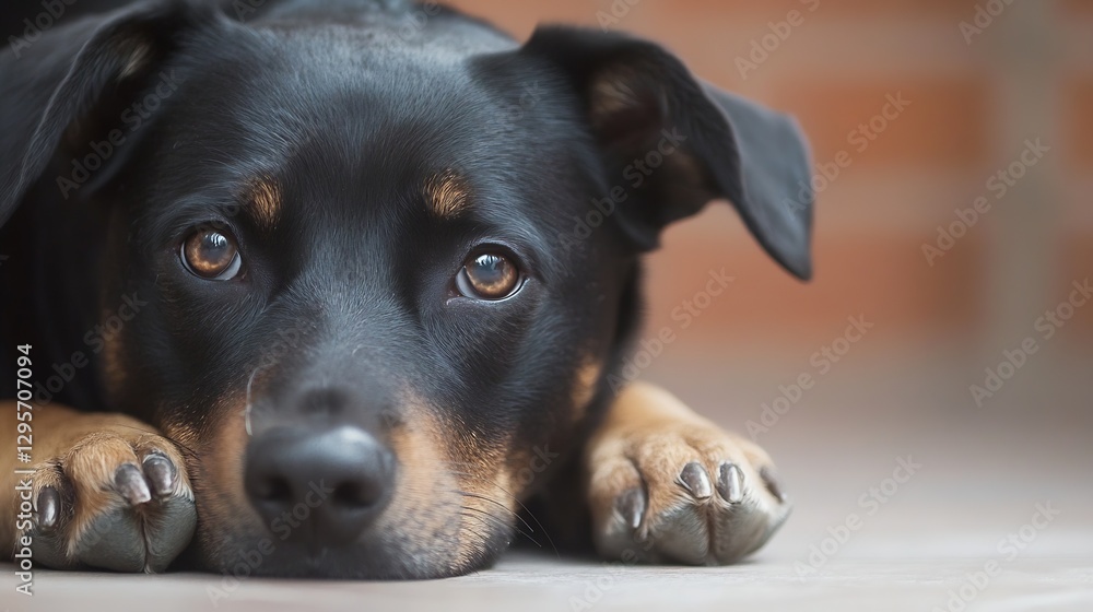 Fototapeta premium Close-Up of an Adorable Black Dog with Brown Paws Relaxing on a Floor, Capturing Pet Emotion and Comfort : Generative AI