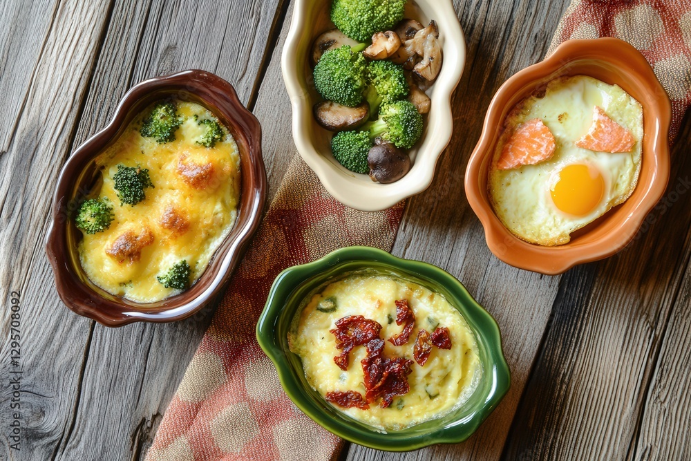 Three mini casseroles on roughly shaped, handmade plates: broccoli with cheddar, mushrooms with sun-dried tomatoes, egg with salmon. Varied forms and textures of tableware add rustic, authentic feel Three mini casseroles on roughly shaped, handmade plates: broccoli with cheddar, mushrooms with sun-dried tomatoes, egg with salmon. Varied forms and textures of tableware add rustic, authentic feel