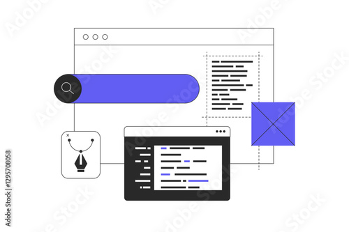 Web development, web design concept. Developer brainstorming UI and UX designs for webpage user interface or mobile app. Flat Cartoon Vector Illustration, icon. Stylish abstract Flat design web