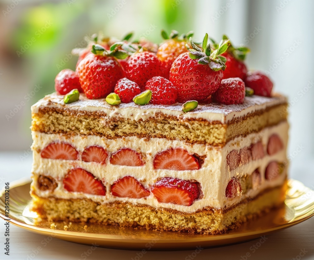 Strawberry layered cake on gold plate; blurry window background; food photography Strawberry layered cake on gold plate; blurry window background; food photography