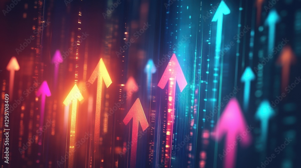 Abstract glowing arrows pointing upwards over digital background, representing growth and progress. Abstract glowing arrows pointing upwards over digital background, representing growth and progress.