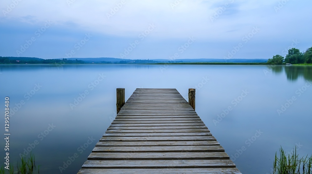 Serene dock on calm lake reflecting sky and landscape in tranquil setting : Generative AI Serene dock on calm lake reflecting sky and landscape in tranquil setting : Generative AI