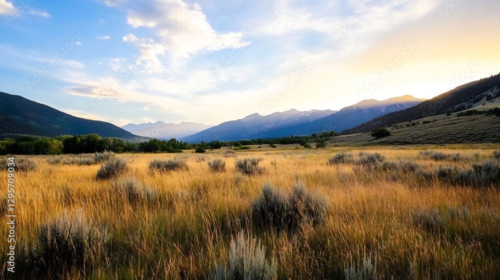 Fototapeta premium Golden Fields and Majestic Mountains Under a Colorful Sunset Sky : Generative AI