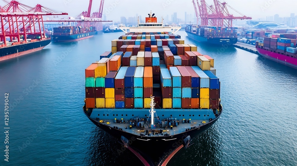 Fototapeta premium Massive container ship loaded with colorful cargo containers navigating through a busy harbor : Generative AI